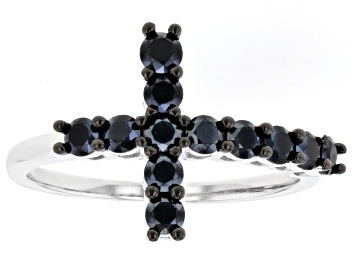 Picture of Black Spinel Rhodium Over Sterling Silver Cross Ring 0.90ctw