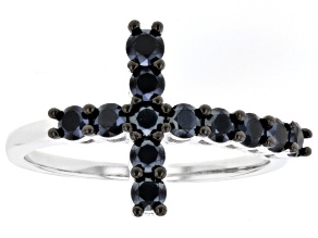 Black Spinel Rhodium Over Sterling Silver Cross Ring 0.90ctw