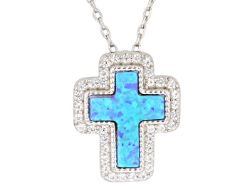 Picture of Blue Lab Created Opal Rhodium Over Sterling Silver Cross Pendant with Chain 0.34ctw