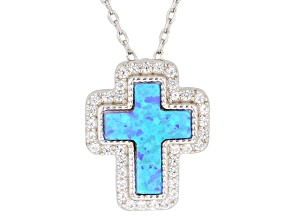 Blue Lab Created Opal Rhodium Over Sterling Silver Cross Pendant with Chain 0.34ctw