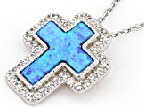 Blue Lab Created Opal Rhodium Over Sterling Silver Cross Pendant with Chain 0.34ctw