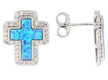 Picture of Blue Lab Created Opal Rhodium Over Sterling Silver Cross Earrings 0.67ctw