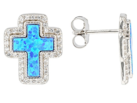 Blue Lab Created Opal Rhodium Over Sterling Silver Cross Earrings 0.67ctw