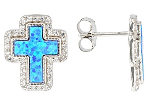 Blue Lab Created Opal Rhodium Over Sterling Silver Cross Earrings 0.67ctw