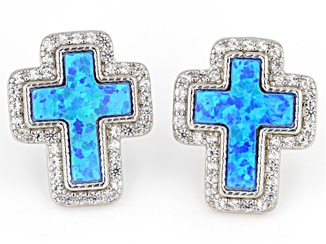 Blue Lab Created Opal Rhodium Over Sterling Silver Cross Earrings 0.67ctw