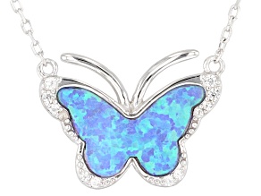 Blue Lab Created Opal Rhodium Over Sterling Silver Butterfly Necklace 0.12ctw