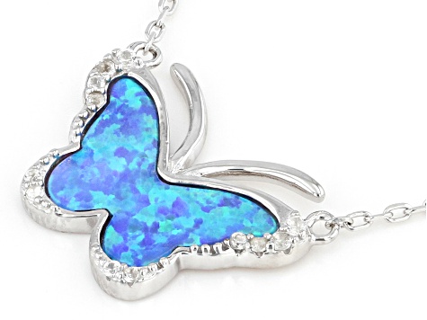 Blue Lab Created Opal Rhodium Over Sterling Silver Butterfly Necklace 0.12ctw