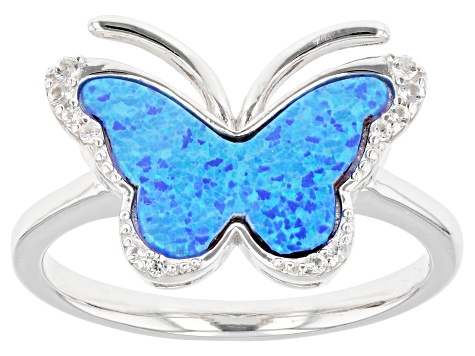 Blue Lab Created Opal Rhodium Over Sterling Silver Butterfly Ring 0.12ctw