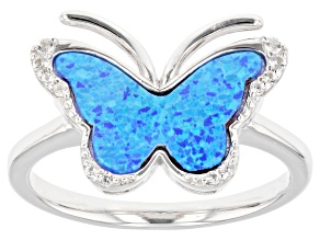 Blue Lab Created Opal Rhodium Over Sterling Silver Butterfly Ring 0.12ctw