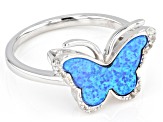 Blue Lab Created Opal Rhodium Over Sterling Silver Butterfly Ring 0.12ctw