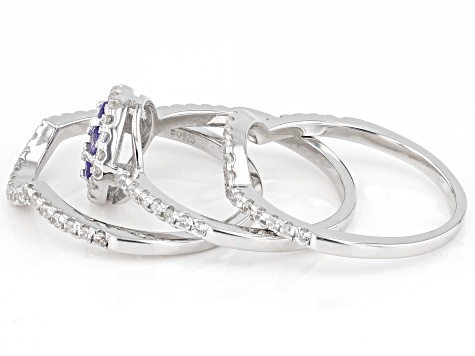 Blue Tanzanite Rhodium Over Sterling Silver Ring Set of 3 1.10ctw