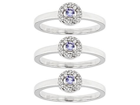 Blue Tanzanite Rhodium Over Sterling Silver Ring Set of 3 0.60ctw
