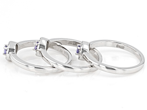 Blue Tanzanite Rhodium Over Sterling Silver Ring Set of 3 0.60ctw