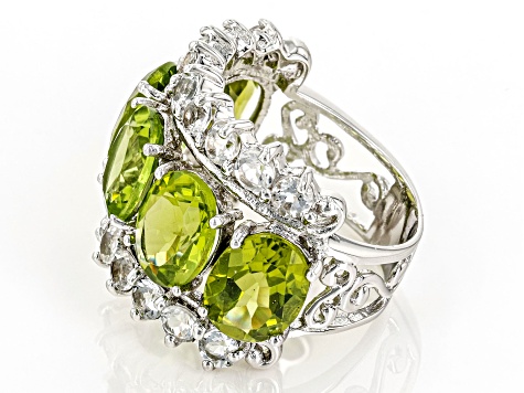 Green Peridot Rhodium Over Sterling Silver Ring 12.00ctw