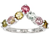 Multi-Color Multi-Tourmaline Rhodium Over Sterling Silver Chevron Band Ring 1.61ctw