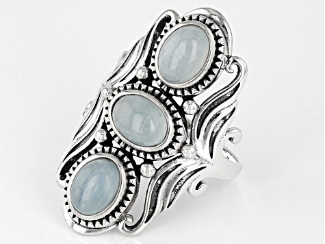 Blue Dreamy Aquamarine Sterling Silver 3-Stone Ring