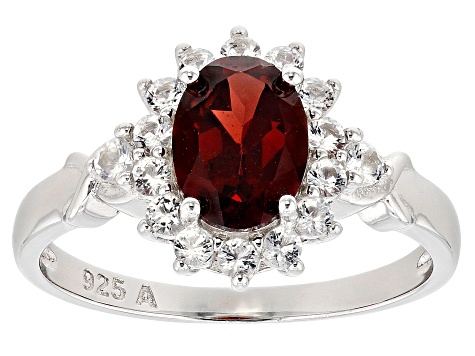 Red Garnet with White Topaz Rhodium Over Sterling Silver Ring 2.00ctw