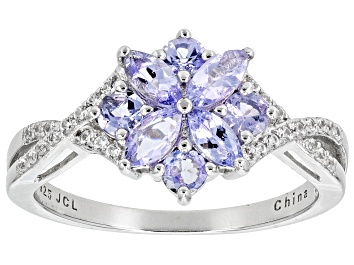 Picture of Blue Tanzanite With White Zircon Rhodium Over Sterling Silver Ring 0.95ctw