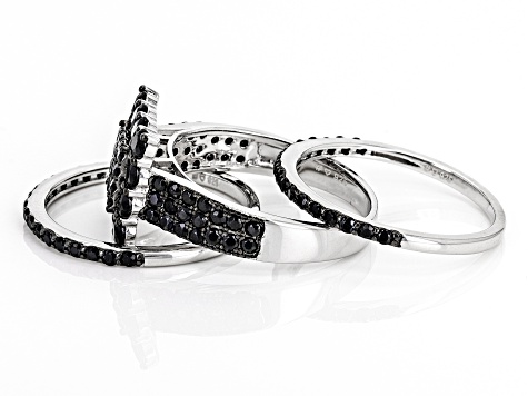 Black Spinel Rhodium Over Sterling Silver Set of Three Rings 2.65ctw