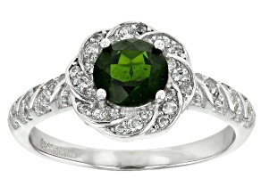 Green Chrome Diopside with White Zircon Rhodium Over Sterling Silver Ring 1.20ctw