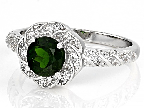 Green Chrome Diopside with White Zircon Rhodium Over Sterling Silver Ring 1.20ctw