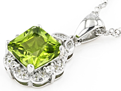 Green Peridot With White Zircon Rhodium Over Sterling Silver Pendant With Chain 1.69ctw