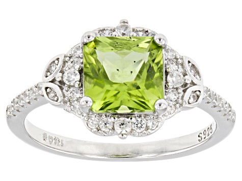 Green Peridot With White Zircon Rhodium Over Sterling Silver Ring 1.76ctw