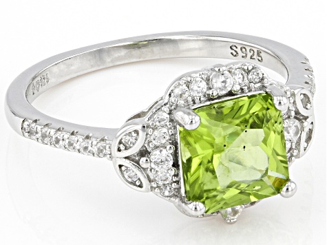 Green Peridot With White Zircon Rhodium Over Sterling Silver Ring 1.76ctw