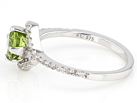 Green Peridot with White Zircon Rhodium Over Sterling Silver Ring 1.13ctw