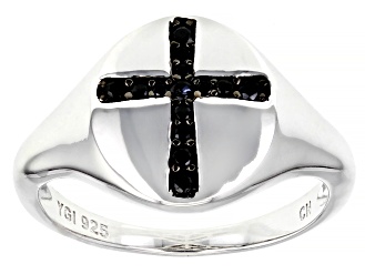 Black Spinel Rhodium Over Sterling Silver Cross Ring 0.17ctw