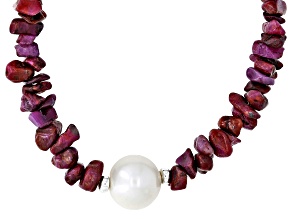 Red Indian Ruby With 10mm Cultured Freshwater Pearl Rhodium Over Sterling Silver Necklace
