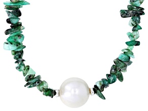 Green Emerald With 10mm Cultured Freshwater Pearl Rhodium Over Sterling Silver Necklace