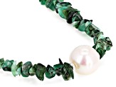 Green Emerald With 10mm Cultured Freshwater Pearl Rhodium Over Sterling Silver Necklace