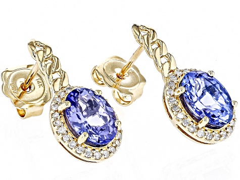 Blue Tanzanite With White Diamond 14k Yellow Gold Earrings 2.40ctw