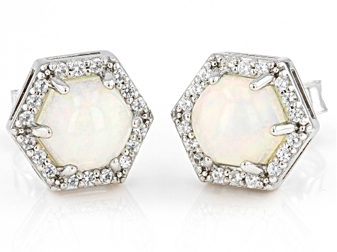 White Ethiopian Opal With White Zircon Rhodium Over Sterling Silver Stud Earrings 0.16ctw