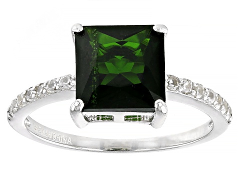 Green Chrome Diopside With White Zircon Rhodium Over Sterling Silver Ring 2.62ctw