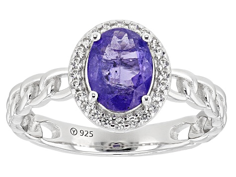 Blue Tanzanite with White Zircon Rhodium Over sterling Silver Ring