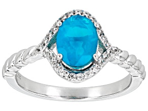 Blue Ethiopian Opal With White Zircon Rhodium Over Sterling Silver Ring 0.90ctw
