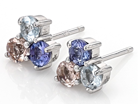 Blue Tanzanite, Morganite, And Aquamarine Rhodium Over Sterling Silver Earrings 1.50ctw
