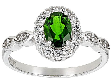 Green Chrome Diopside With White Zircon Rhodium Over Sterling Silver Ring 1.28ctw