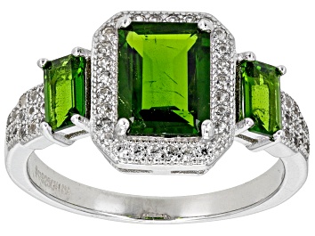 Picture of Green Chrome Diopside With White Zircon Rhodium Over Sterling Silver Ring 2.38ctw