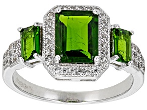 Green Chrome Diopside With White Zircon Rhodium Over Sterling Silver Ring 2.38ctw