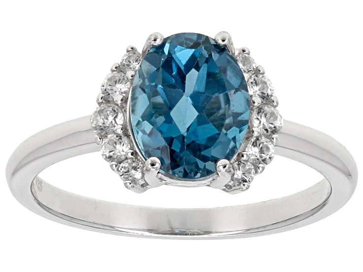 Blue London Blue Topaz With White Zircon Rhodium Over Sterling Silver Ring  2.21ctw