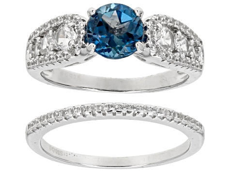 Blue London Blue Topaz With White Zircon Rhodium Over Sterling Silver Set of 2 Rings 2.88ctw