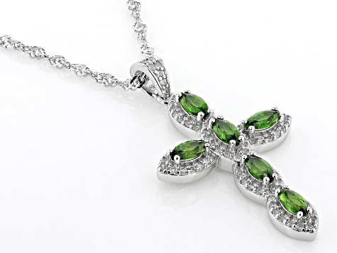 Green Chrome Diopside Rhodium Over Sterling Silver Cross Pendant with Chain 1.50ctw