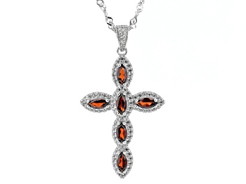 Picture of Red Garnet Rhodium Over Sterling Silver Cross Pendant With Chain 1.61ctw