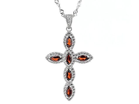 Red Garnet Rhodium Over Sterling Silver Cross Pendant With Chain 1.61ctw