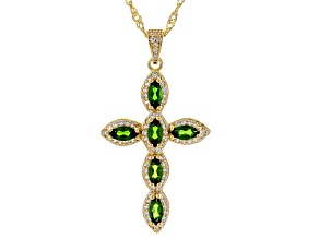 Green Chrome Diopside 18k Yellow Gold Over Sterling Silver Cross Pendant with Chain 1.50ctw