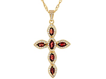 Picture of Red Garnet 18k Yellow Gold Over Sterling Silver Cross Pendant with Chain 1.61ctw