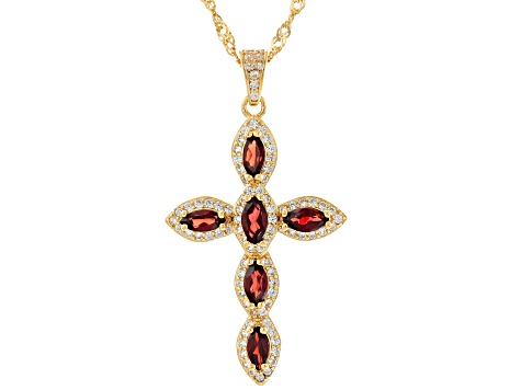 Red Garnet 18k Yellow Gold Over Sterling Silver Cross Pendant with Chain 1.61ctw